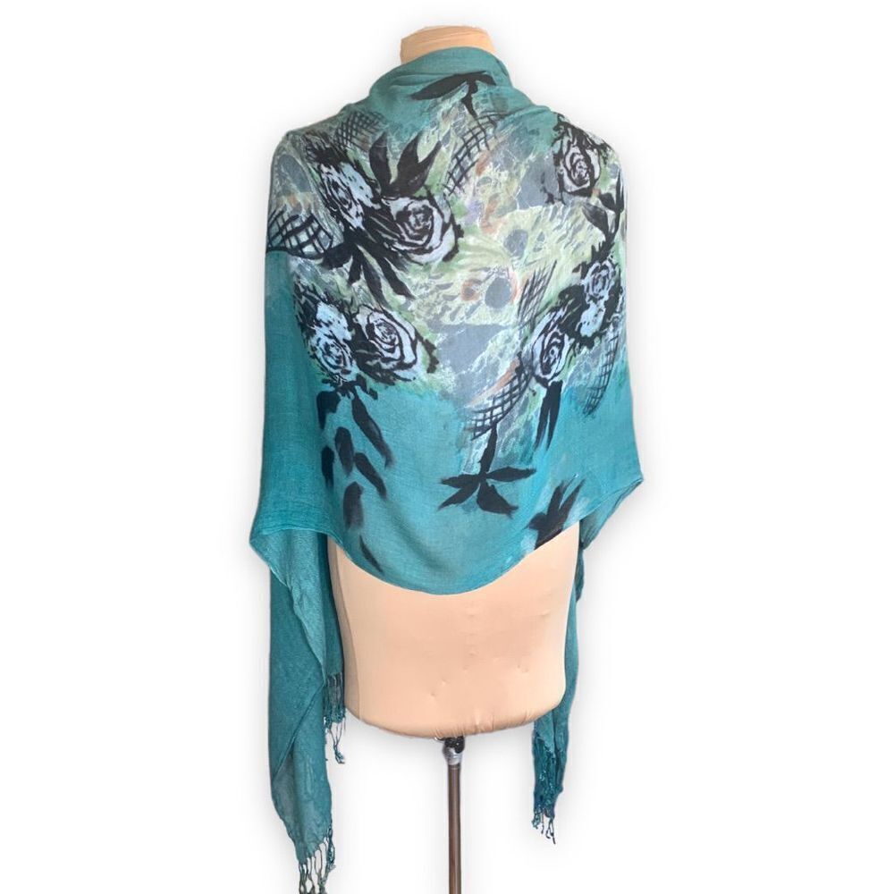 Sarong Scarf Bright Turquoise Black Rose Floral Fringe Boho Gypsy Colorful